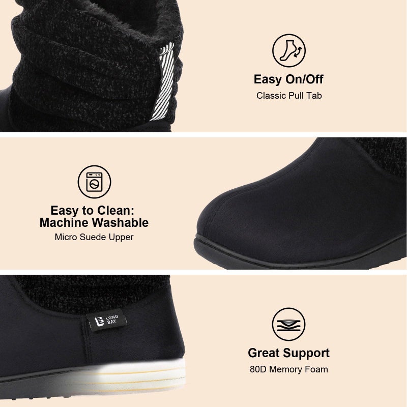 Longbay Women's Warm Chenille Knit Bootie Slippers Memory Foam Comfy Suede Fluffy Faux Fur Memory Foam Boots House Shoes (Medium / 7-8, Black) - Image 4